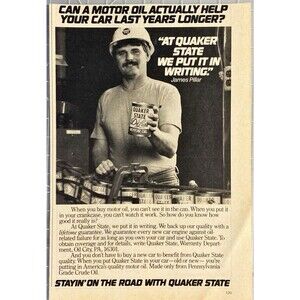 Quaker State DeLuxe Motor Oil "James Pillar: We put it in Writing" Print Ad 1982